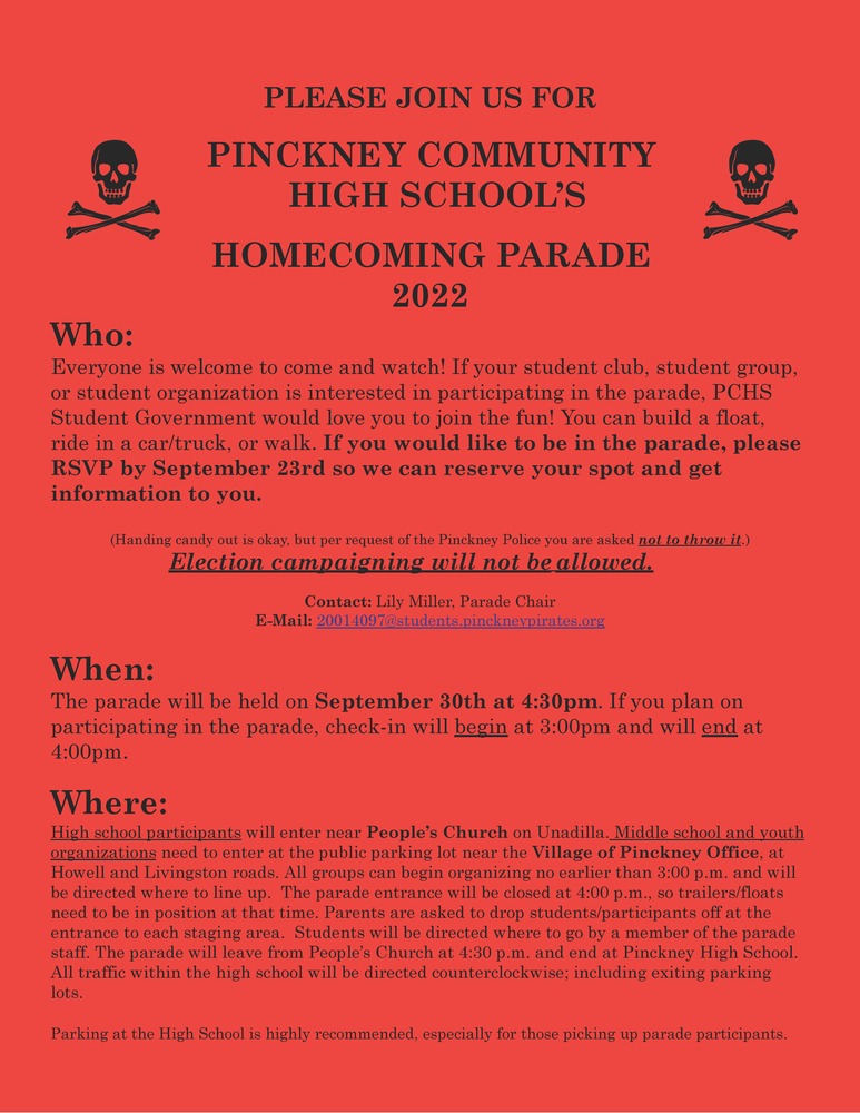 PCHS Homecoming Parade information with maps 
